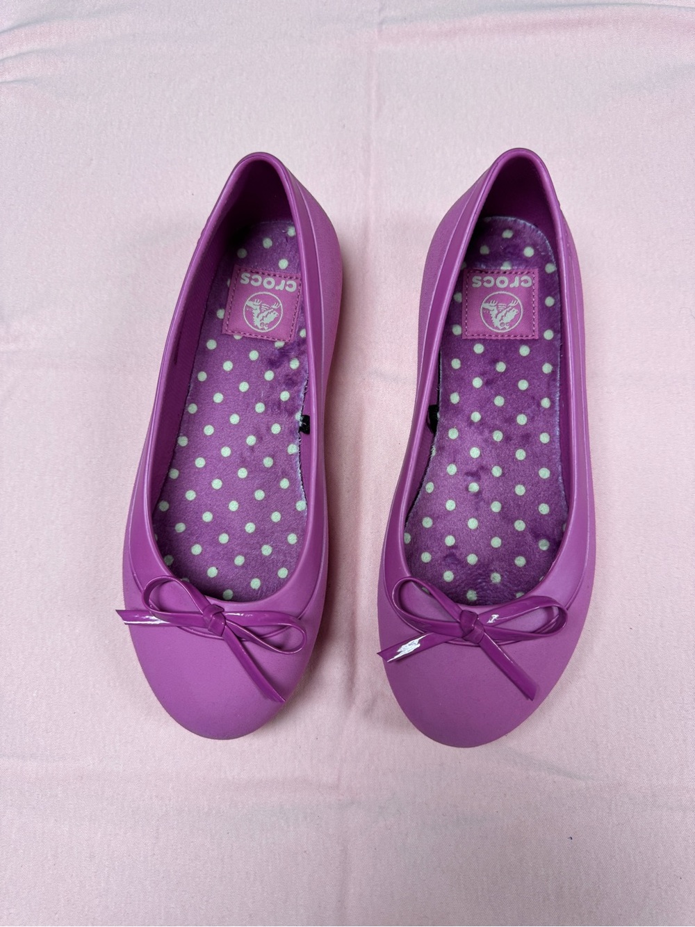 CROCS Purple pink Bow Ballet Flats with Polka Dot Insole